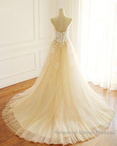 Champagne Long A-line Sweetheart Tulle Spaghetti Sweep Train Wedding Dresses